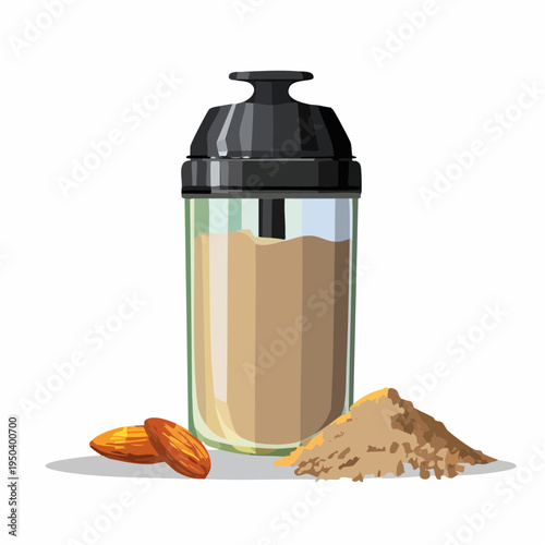Healthy Almond Protein Shake in Shaker Bottle with Powder Pile Vector Illustration Isolated on White