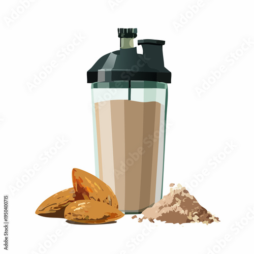 Protein Shake in Shaker Bottle with Almonds and Supplement Powder Isolated on White Background Vector Illustration