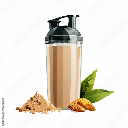 Healthy Protein Shake in Shaker Bottle with Almonds and Protein Powder, Clean Vector Illustration for Fitness and Sports Nutrition