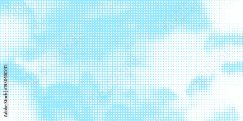Dotted comic cloud background. White halftone clouds in sky. Pop art heaven wallpaper for banner, brochure, collage, poster, leaflet. Pixelated smoke, smog or fog texture. Vector illustration