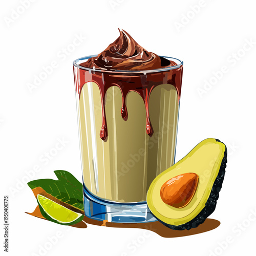 Professional Vector Illustration of Creamy Avocado Juice with Chocolate Drizzle and Lime on White Background