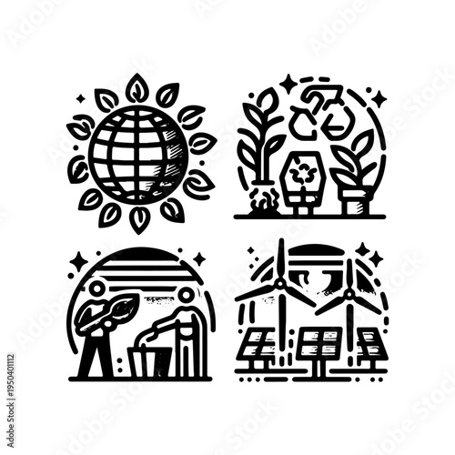 Earth Day Globe with Leaves Icon – Outline Duo-Tone Vector, Eco Friendly Planet Symbol, Clean Line Design, White Background
