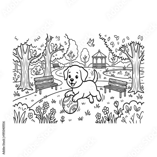A funny black-and-white coloring book outline of a boy and girl playing with a bear toy in a fairytale forest wonderland sketch