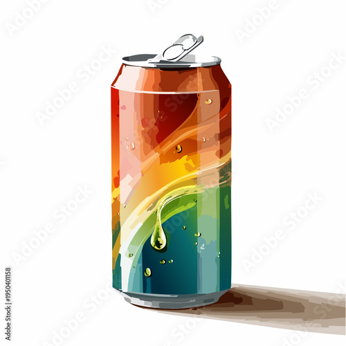 Modern Artistic Energy Drink Can Illustration with Vibrant Rainbow Gradient and Refreshing Droplets on White Background