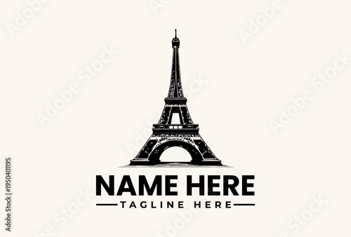 Black vector illustration of the Eiffel Tower with a logo template and sample text on a plain beige background.