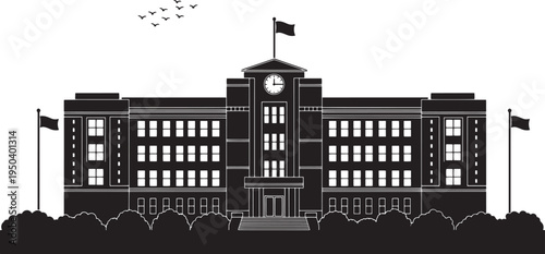 Building Scene, Flag, Clock Tower, Architecture, Landscape, Illustration, Black and White, School, Government Institution