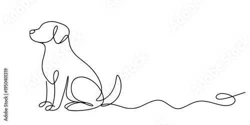 Sitting Dog Line Drawing,Minimalist continuous-line drawing of a dog sitting, created with a single unbroken line starting from the tail and looping through the body, legs, head, and ears, extending o