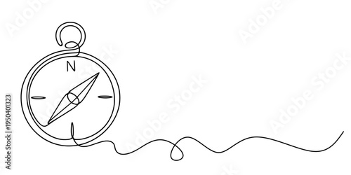 Compass Continuous Line Drawing,Minimalist continuous-line drawing of a compass in circular form with cardinal directions (N, E, S, W) and a needle pointing, attached to a trailing cord symbolizing na