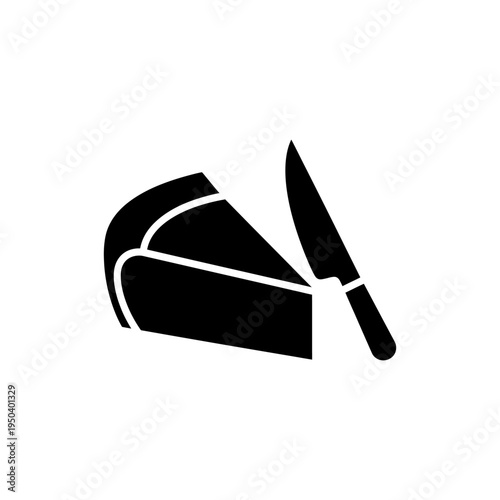 black solid silhouette icon of cheese wedge with knife, simple minimal composition