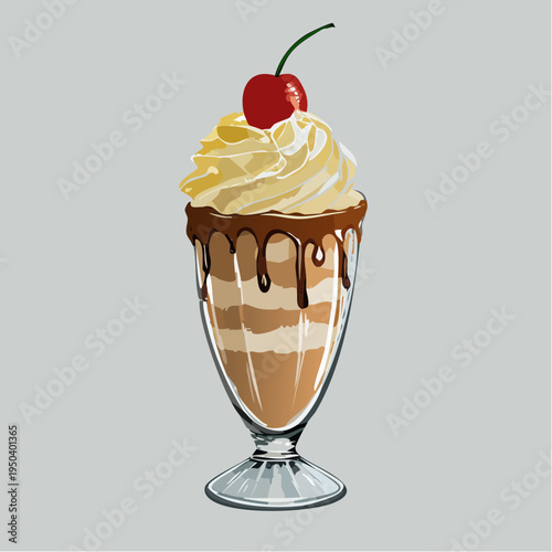 Decadent Chocolate Milkshake Illustration with Whipped Cream and Cherry in a Vintage Soda Fountain Glass Vector Art