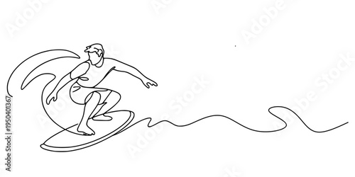 Surfer Riding Wave Line Art, Minimalist continuous-line drawing of a surfer crouched on a surfboard, riding a stylized wave that curves fluidly across the image, emphasizing motion and elegance