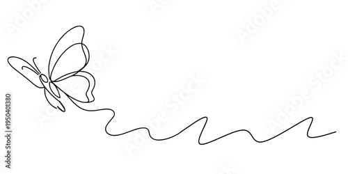 Butterfly in Flight Line Art, Minimalist continuous-line drawing of a butterfly in flight, with wings spread and a trailing wavy line illustrating its graceful motion.