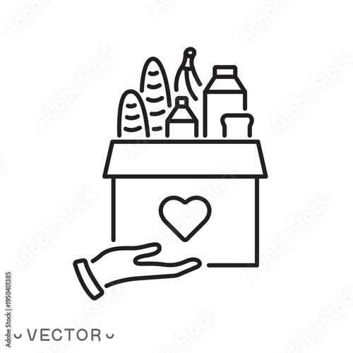 food donation icon, charity box with food, humanitarian volunteer activity, thin line symbol isolated on white background, editable stroke eps 10 vector illustration