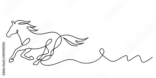 Running Horse Line Art,Minimalist continuous-line drawing of a horse in motion, created with a single unbroken line forming the legs, body, tail, head, and mane, conveying dynamic movement and eleganc
