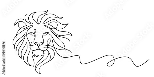 Lion Head with Mane, Minimalist continuous-line drawing of a lion’s head with flowing mane