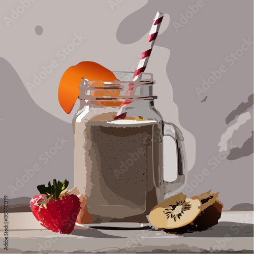 Healthy Fruit Smoothie in Mason Jar with Strawberry and Kiwi Vector Illustration