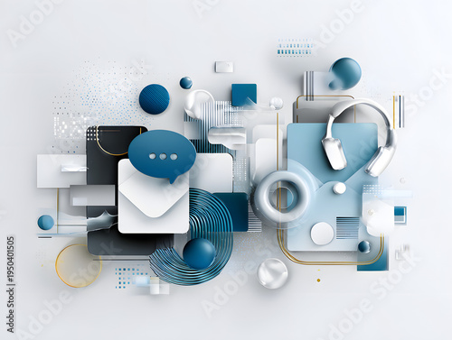 Abstract communication interface with message bubble envelope and headphones in layered blue geometric composition
