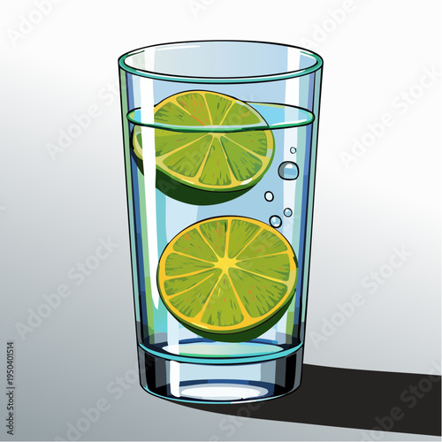 Refreshing Vector Illustration of Carbonated Mineral Water with Fresh Lime Slices in a Clean Drinking Glass