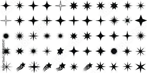 Star Sparkle and Twinkle Icon Set - Black Geometric Star Shape Vector Collection
