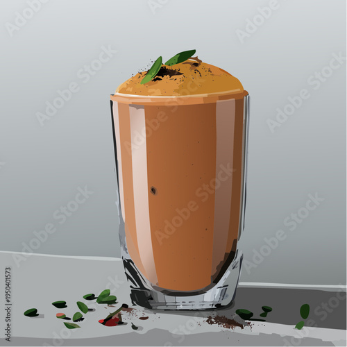Traditional Mango Lassi Drink in a Tall Glass with Fresh Mint Topping Vector Illustration