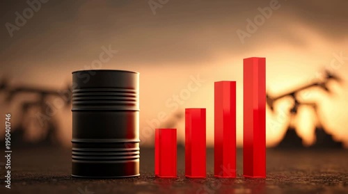 A black oil barrel stands next to rising red bar graphs against a blurred industrial background. The scene symbolizes oil price hikes and geopolitical tensions.