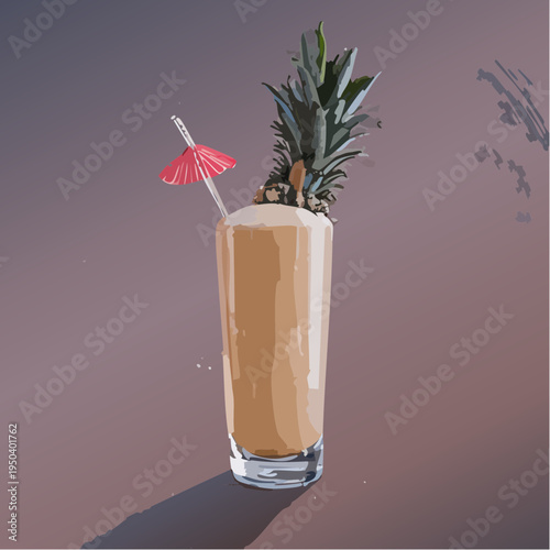 Vector Illustration of a Refreshing Tropical Pineapple Cocktail with Mini Umbrella Garnish