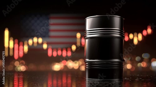 A black oil barrel reflects light against a blurred background of stock market graphs and the American flag. The scene symbolizes geopolitics and oil trading.