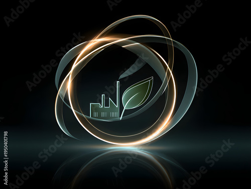 Circular luminous energy trails surrounding minimal factory and leaf icon representing sustainable industrial ecosystem