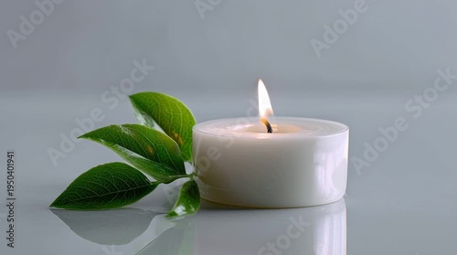 A white candle burns gently beside green leaves. The scene evokes serenity and tranquility, perfect for meditation or a spa setting.