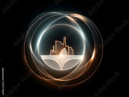 Glowing circular energy rings surrounding eco leaf and city factory skyline symbolizing sustainable industry innovation