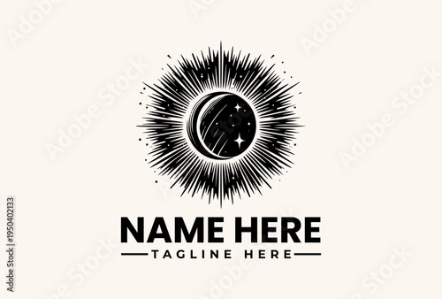 Black and white logo illustration of a stylized sun or solar eclipse with lines radiating from a central circle on a light beige background with space for a custom name and tagline.
