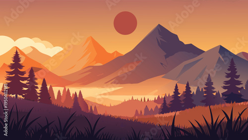 A serene flat vector illustration of a majestic mountain range during a vibrant golden sunset
