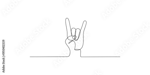 Continuous line drawing of a hand making the rock on sign gesture one minimalist art