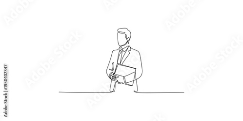 Continuous line drawing of business man holding briefcase standing single art one illustration businessman suit
