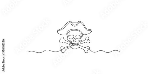 Pirate skull and crossbones with a hat on a wavy line drawing outline icon symbol