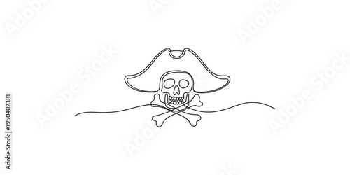 Pirate skull with crossbones and hat line art illustration drawing cartoon jolly roger flag black