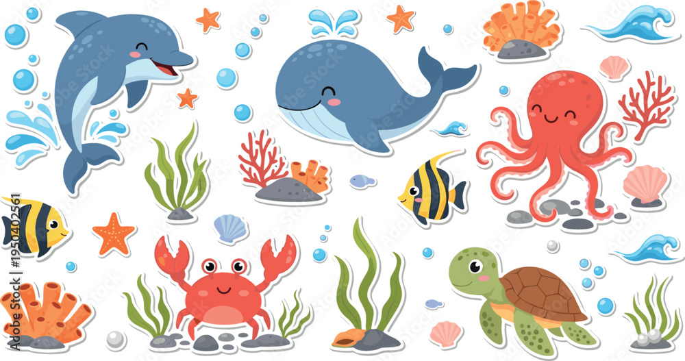 Fototapeta premium Cute Underwater Sea Animals Illustration Set Featuring Dolphin, Whale, Octopus, Crab, Turtle, Tropical Fish, Coral Reefs and Ocean Marine Life Cartoon Collection