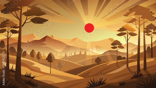 A stylized vector illustration of a serene mountain landscape bathed in warm golden sunset light