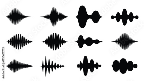 Sound wave silhouettes on white background abstract black waveform graphics audio signal patterns