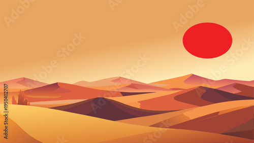 A vibrant digital illustration of vast desert sand dunes under a large and bright red setting sun