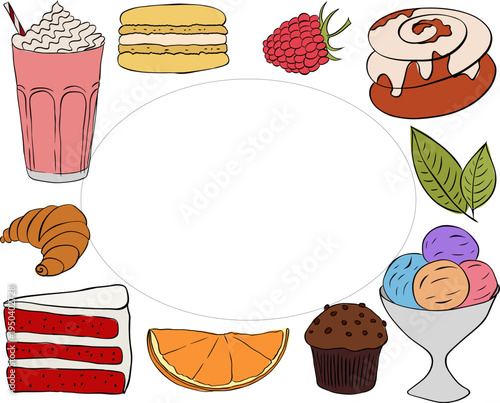 Sweet Bakery Frame template Oval rectangle Cafe hand drawn illustration. Vector graphic line ink art. Banner, poster, wrapping paper, sticker, print, modern textile design.