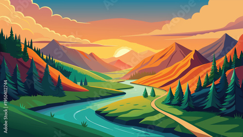 A serene mountain landscape featuring a winding river flowing through a golden sunset valley view