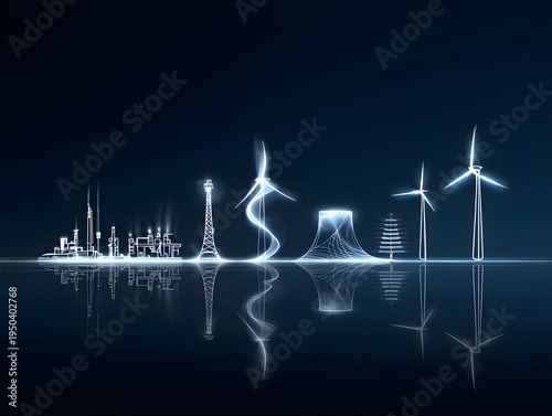 Minimal glowing skyline of power plant cooling tower wind turbines and transmission tower energy infrastructure line