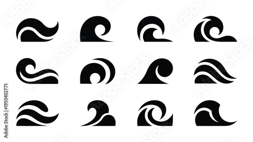 Elegant wave silhouettes in black and white abstract ocean graphics smooth curves minimalist design elements