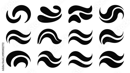 Abstract double curve wave silhouette graphic elements set for design on white background