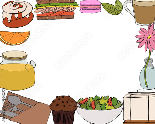 cafe food coffee tea Frame template rectangle Cafe hand drawn illustration. Vector graphic line ink art. Silhouette sign for logo, print, comics, fashion, pop art, boards, decoration, posters