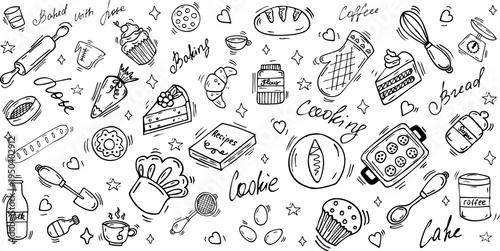 Bakery doodle icons set. Hand drawn baking elements: cooking tools, croissant, bread, cupcake, cake, sugar, flour, milk. Sketch illustration for cafe or restaurant menu and posters. Line art. Vector.