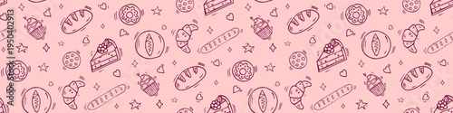 Bakery doodle pattern on pink background. Hand drawn pattern with pastry: bread, cupcacke, donat, croissant, cake. Sketch illustration for cafe or restaurant menu and posters. Line art design. Vector 