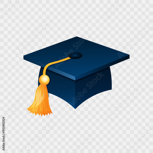 Bllue graduation cap isolated on transparent background.  Graduation hat  icon with gradient effect. School, college or  university graduation ceremony sign. Educational sticker. Vector illustration