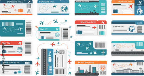 Airline Boarding Pass and Travel Ticket Illustration Set Featuring Airport Flight Tickets, Seat Passes, Barcodes, Airplane Routes and Aviation Travel Documents